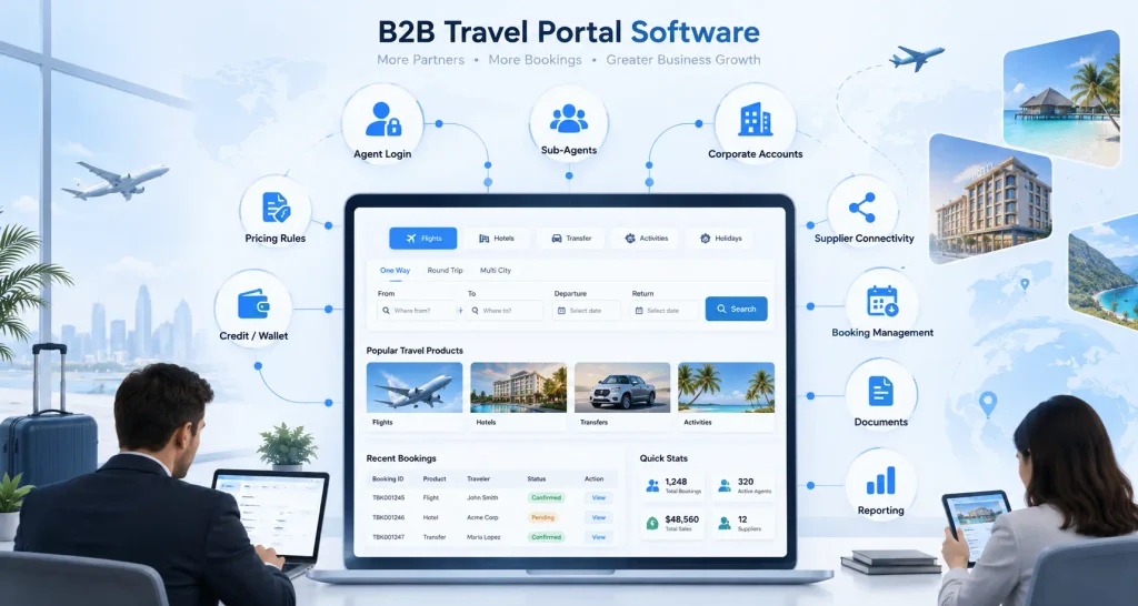 B2B travel portal software showing agent login, sub-agents, corporate accounts, pricing rules, supplier connectivity, credit wallet, booking management, documents, and reporting.