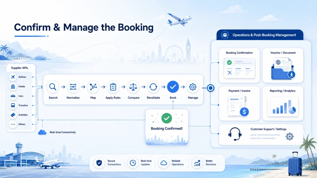 Travel booking workflow from supplier APIs through search, normalization, comparison, revalidation and booking to confirmation, vouchers, payments, reporting and support.