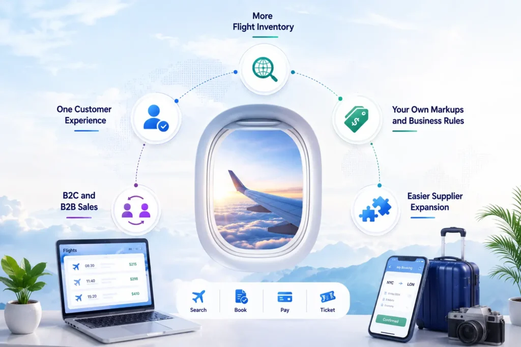 Seeru API benefits for travel agencies, including more flight inventory, B2C and B2B sales, custom markups, unified customer experience, and easier supplier expansion.