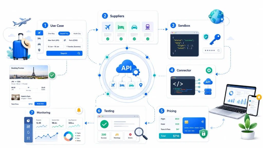 Booking API integration workflow showing use case setup, supplier selection, sandbox credentials, API connector, pricing configuration, testing, and production monitoring.