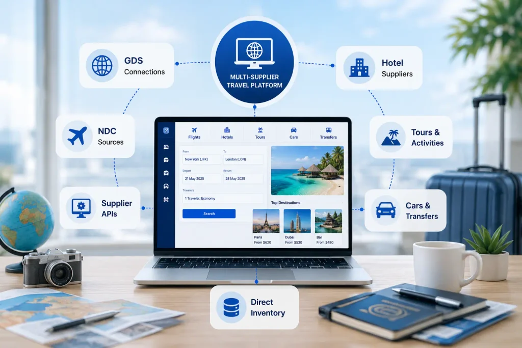 Multi-supplier travel platform connecting GDS, NDC, supplier APIs, hotel suppliers, tours, cars, transfers, and direct inventory in one booking system.