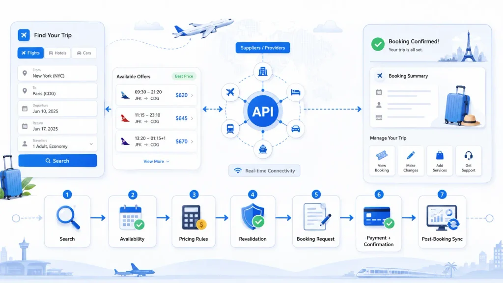Booking API integration workflow showing search, availability, pricing rules, revalidation, booking request, payment, confirmation, and post-booking synchronization.