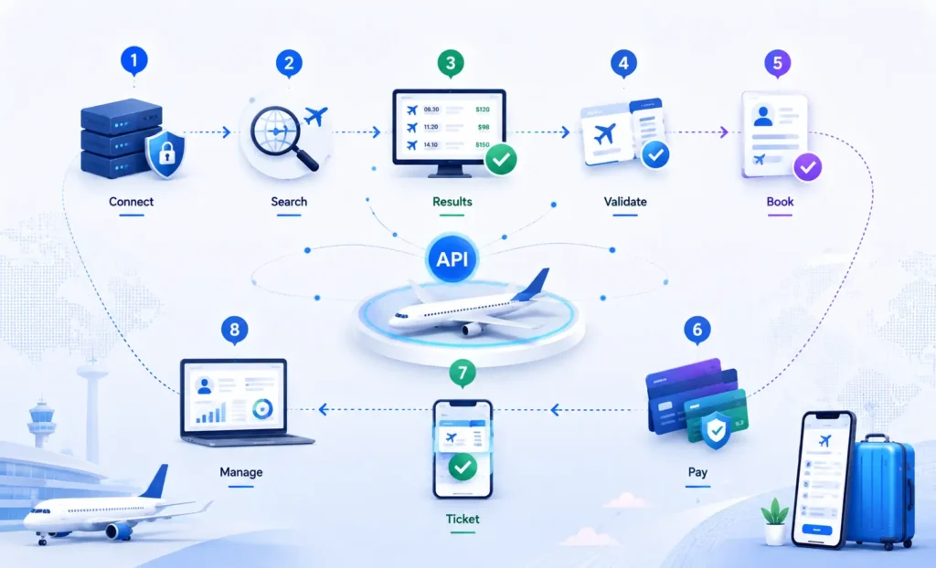 Seeru API integration workflow for flight search, fare validation, booking, payment, ticketing, and booking management.
