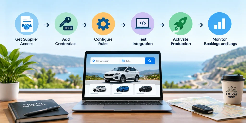 Car rental API integration workflow showing supplier access, API credentials, configuration, testing, production activation, and booking monitoring.