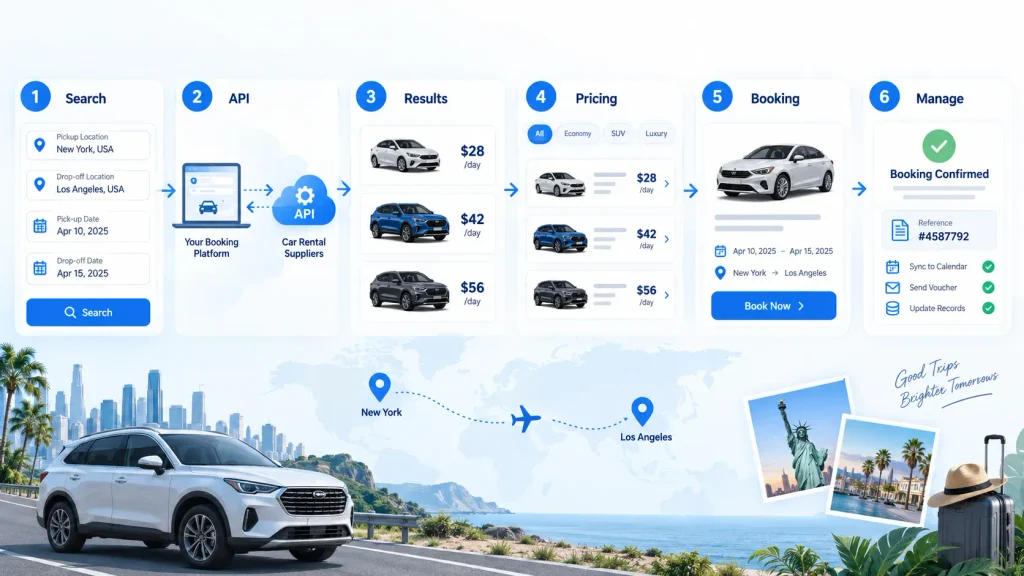Discover Cars API integration workflow showing car rental search, supplier API connection, live results, pricing, booking confirmation, and booking management.