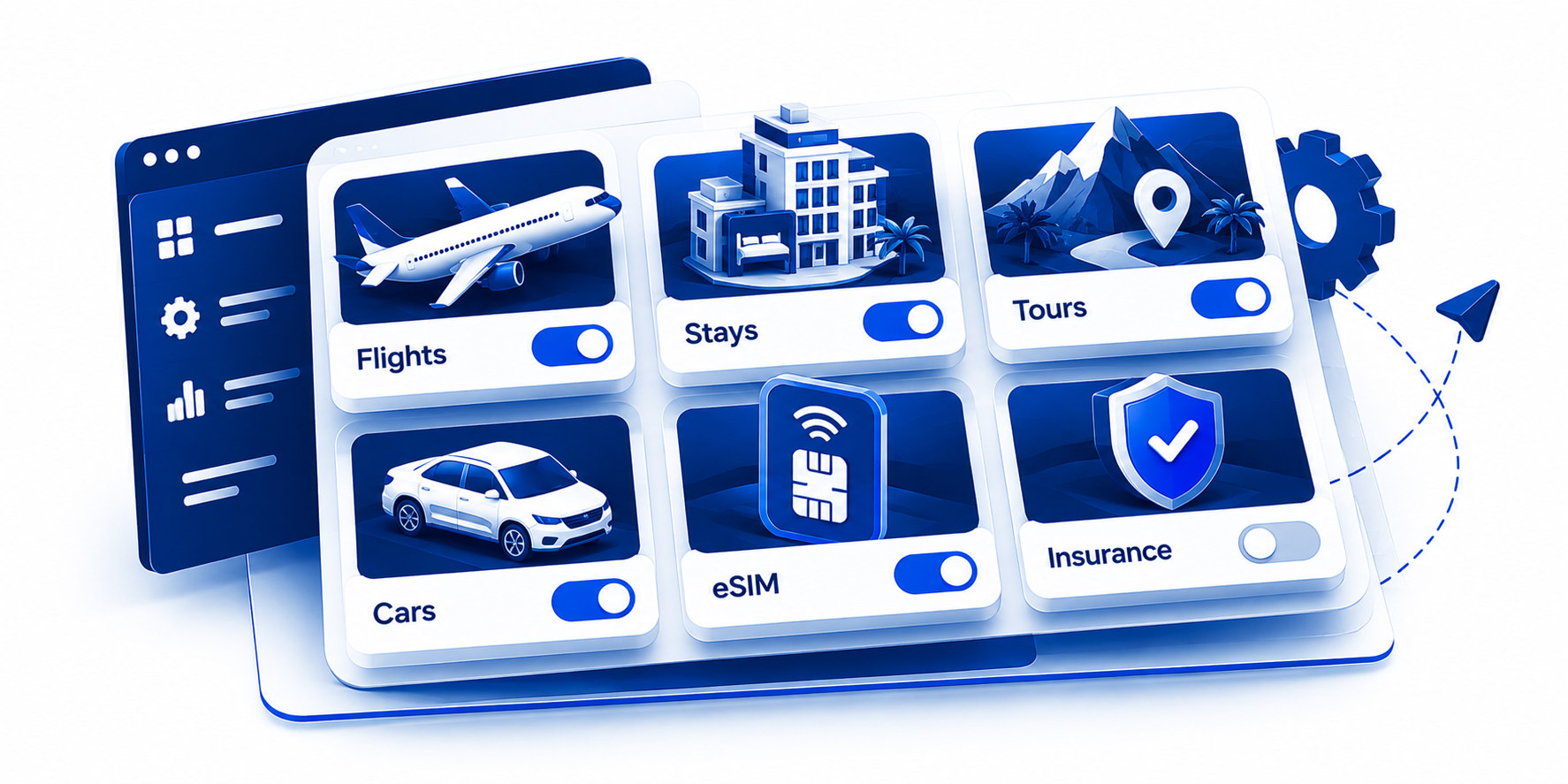 Modular travel booking platform tiles for flights stays tours cars eSIM insurance