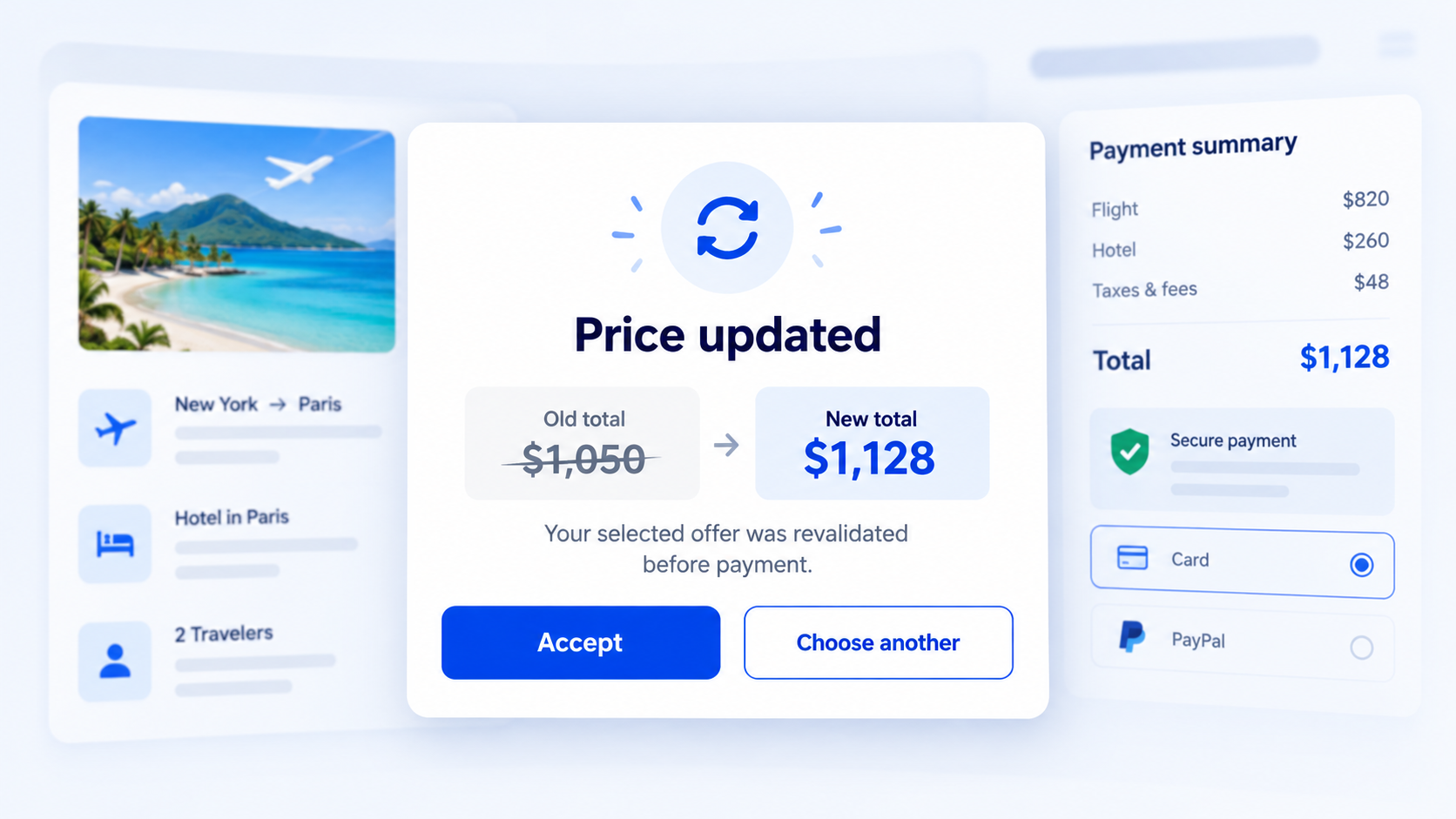 UX modal patterns when offer price changes at revalidation