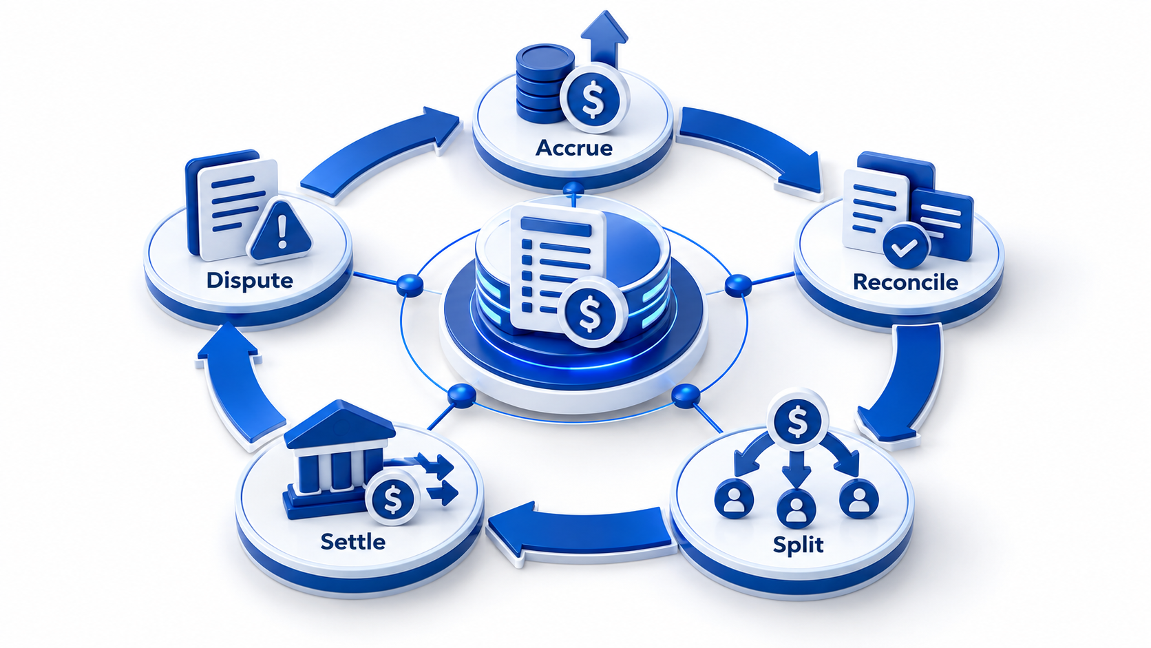 Five-stage travel agency commission lifecycle: accrue, reconcile, split, settle, dispute