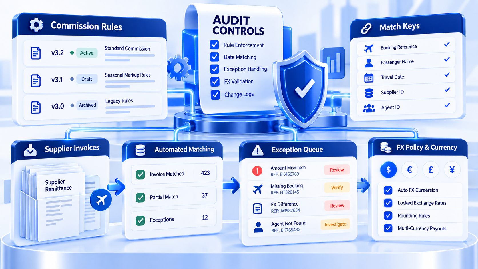 Audit controls for commission rules, match keys, exceptions, and FX policy