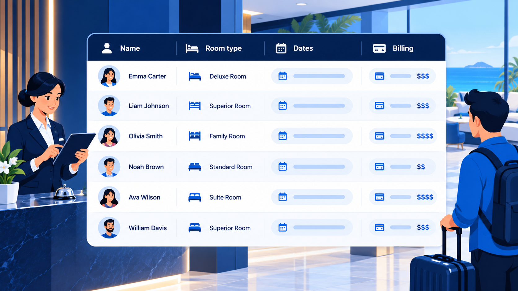 Clean hotel rooming list table with one row per room and billing codes