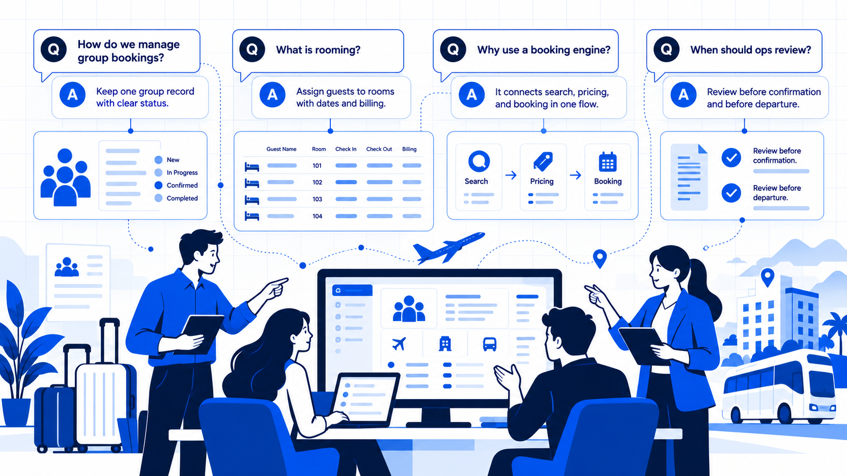 FAQ bubbles about group travel booking software over subtle document grid