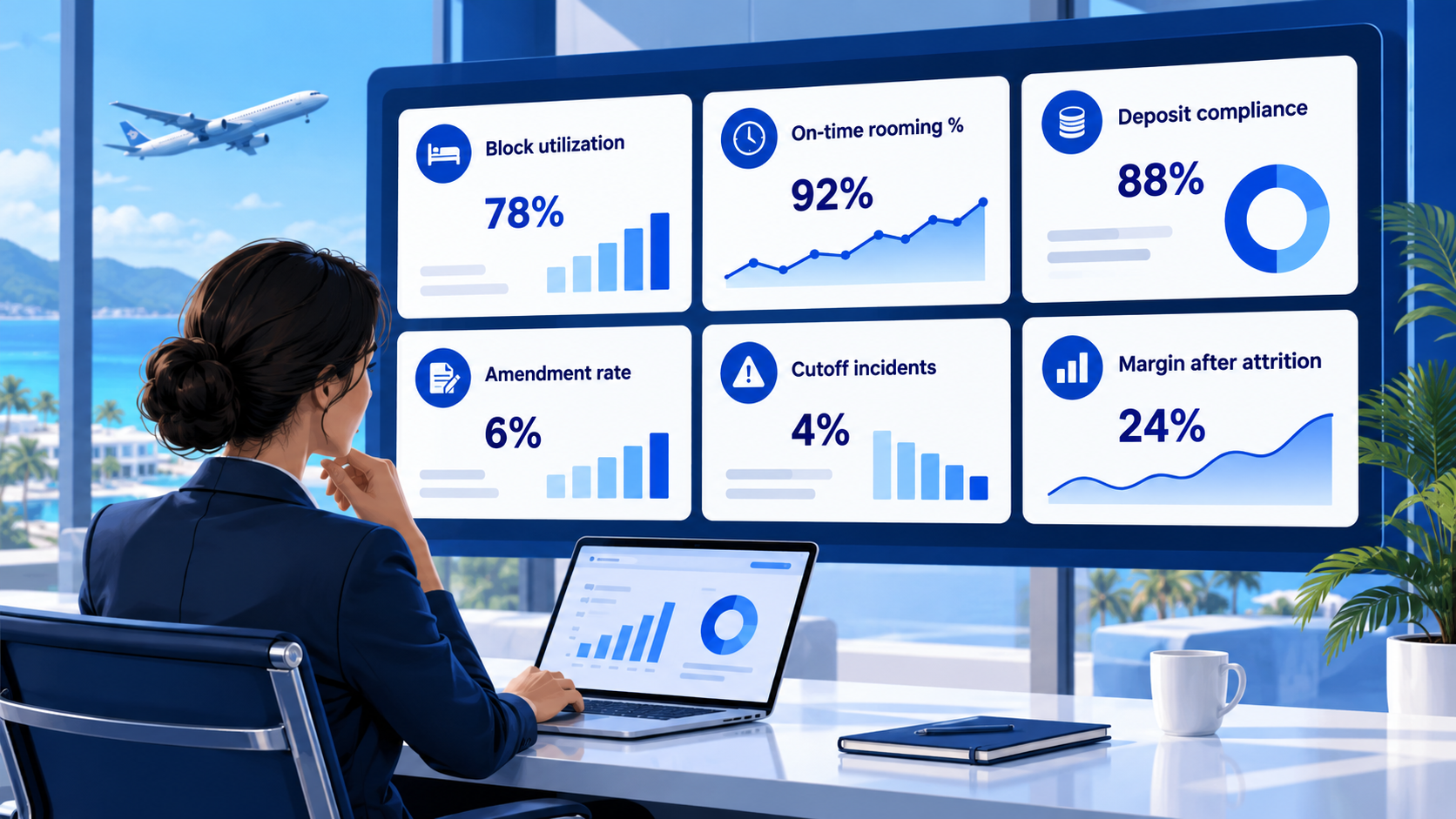 Group ops KPI dashboard tiles: utilization, deposits, amendments, cutoffs