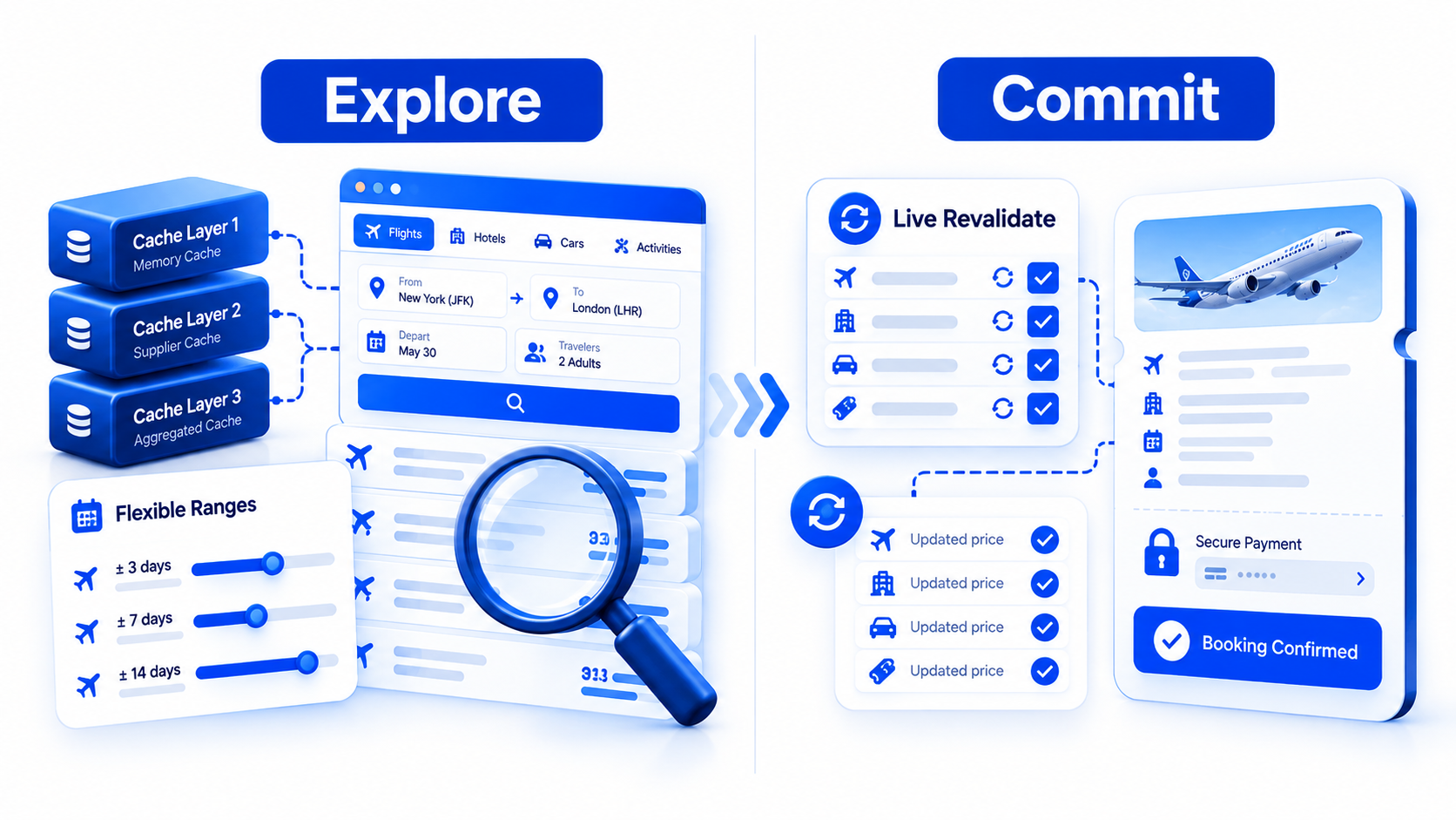 Explore versus commit split for travel search cache and book-path revalidation