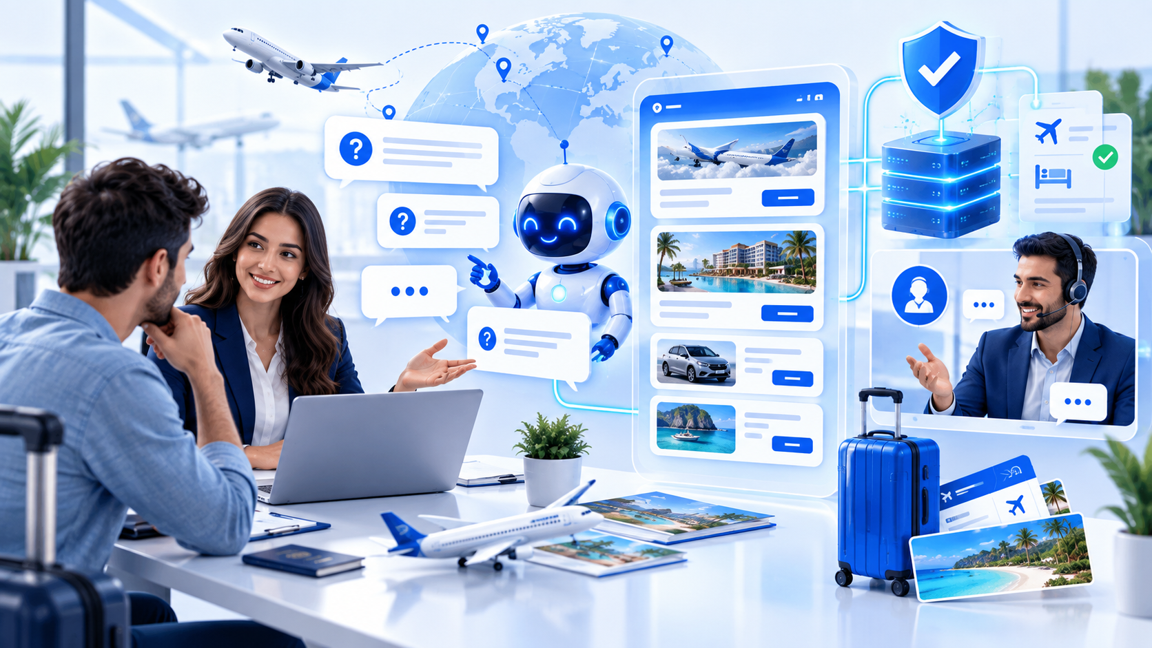 Travel agent and customer reviewing trustworthy AI travel booking answers with verified hotel and flight offers