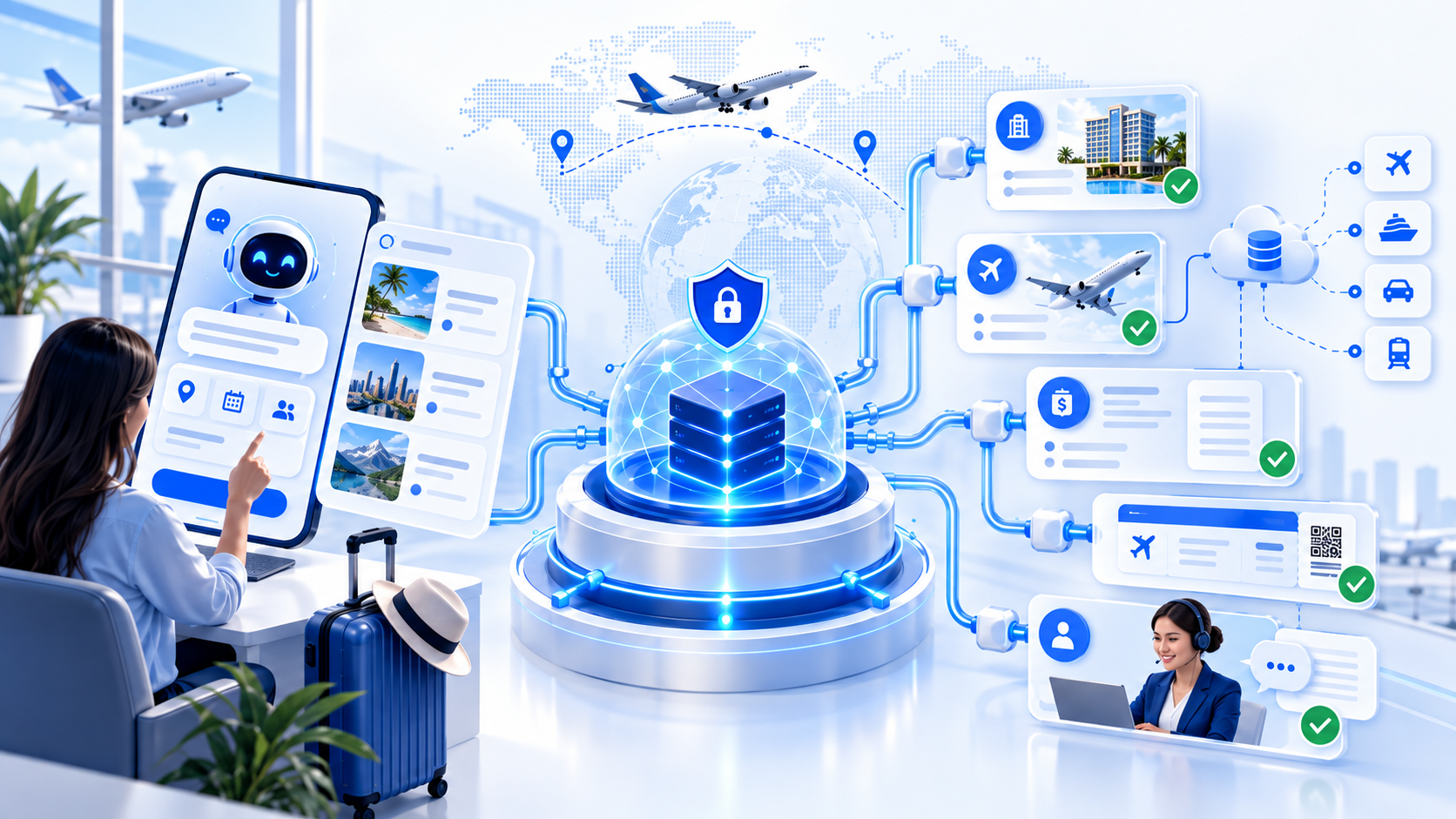 MCP connector hub linking an AI travel assistant to permissioned hotel, flight, booking and human handoff tools