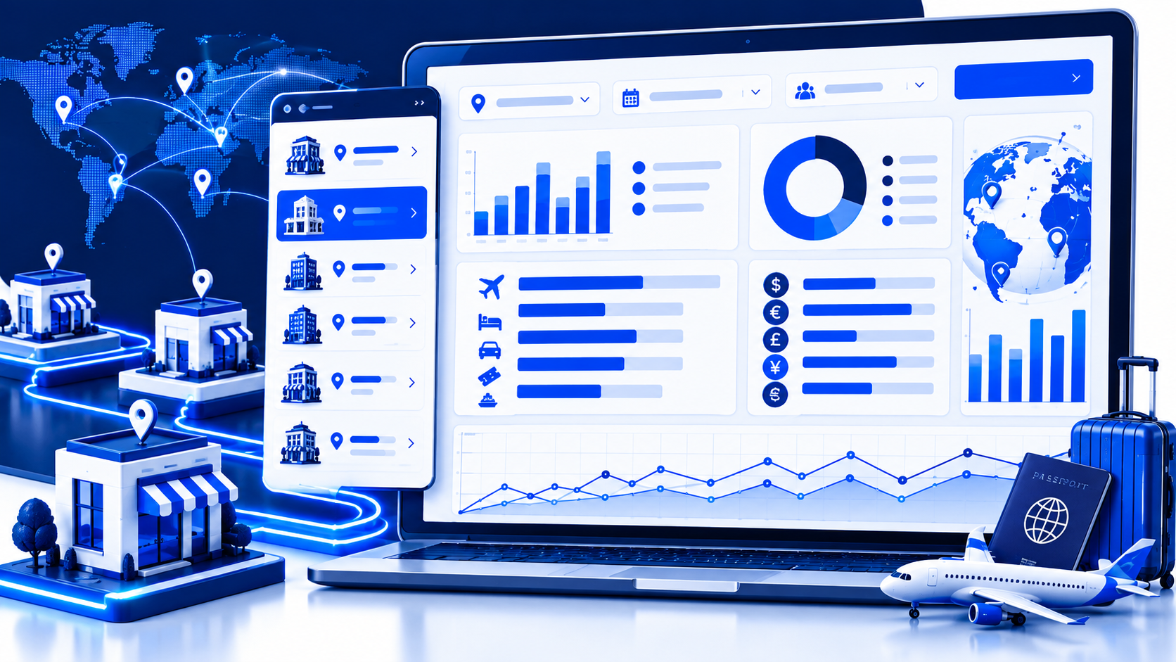 Multi-location reporting: bookings by branch, supplier mix, currency
