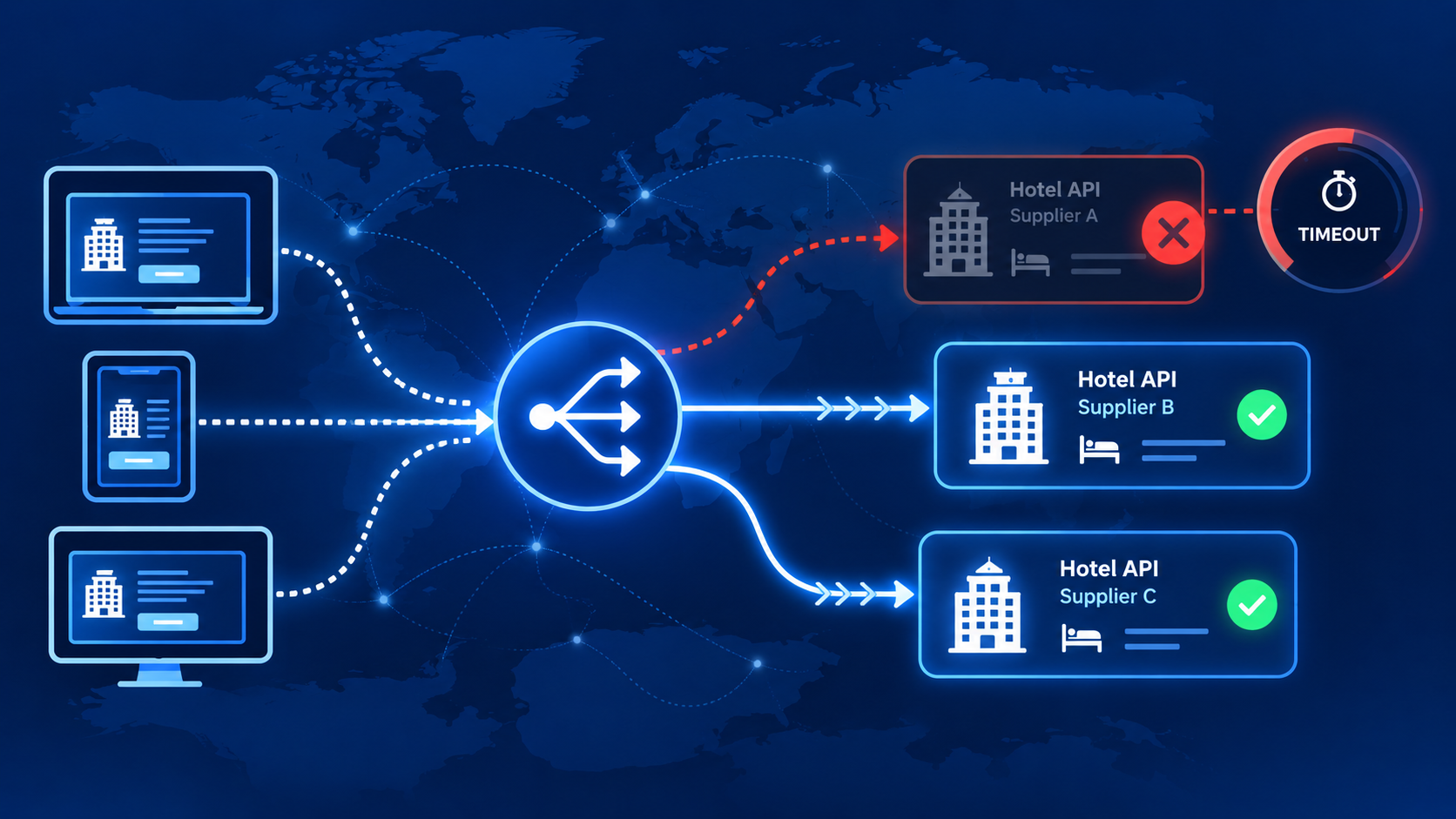 Failover timeouts and ops handling when a hotel supplier API goes down
