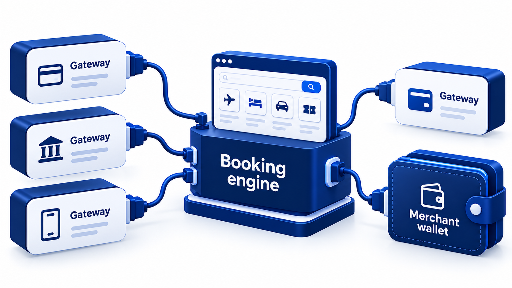 Booking engine connected to payment gateways and merchant wallet modules