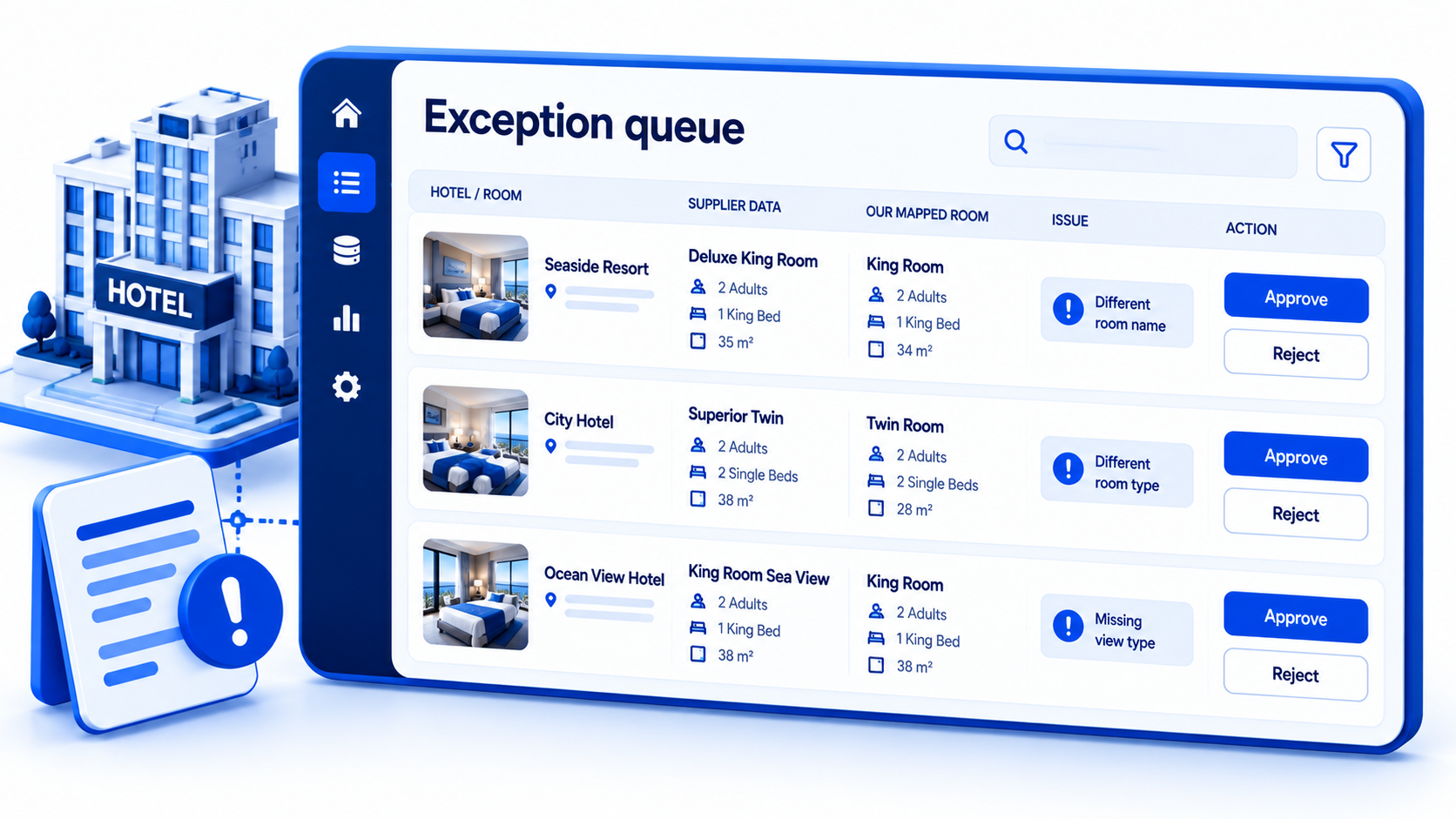 Human-in-the-loop hotel room mapping exception queue for OTAs