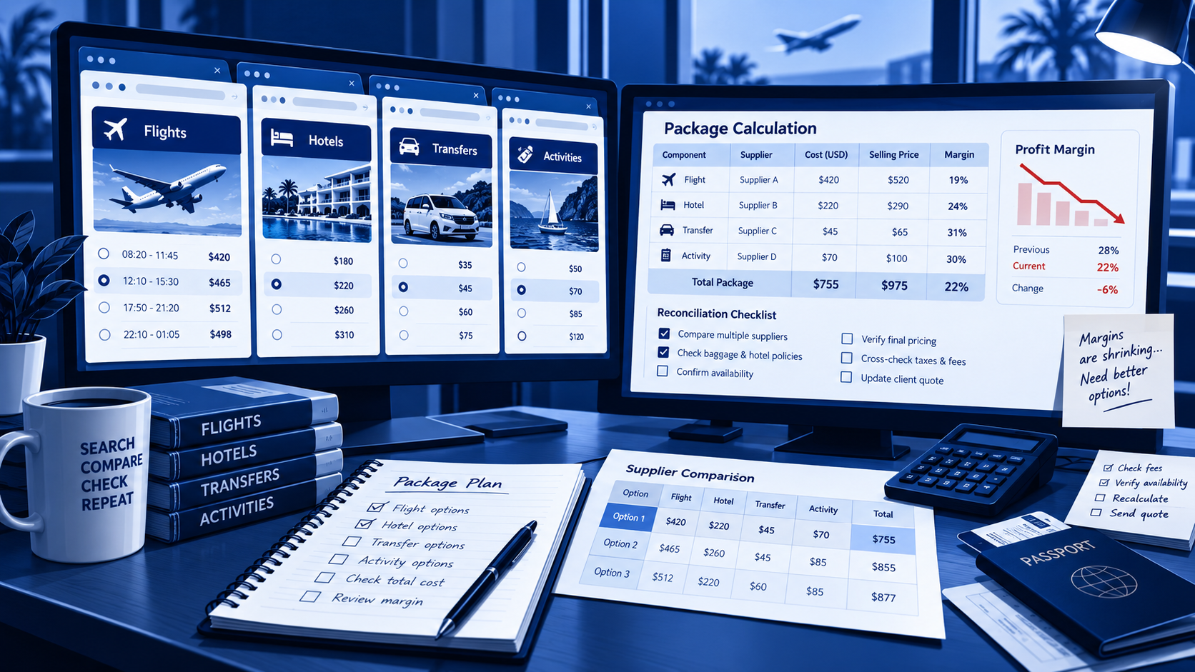 Travel agent juggling supplier tabs and spreadsheet quotes with margin leakage