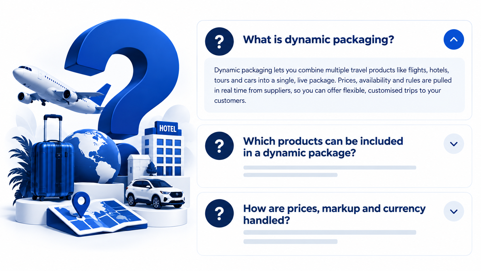 FAQ cards about dynamic packaging software for travel agencies
