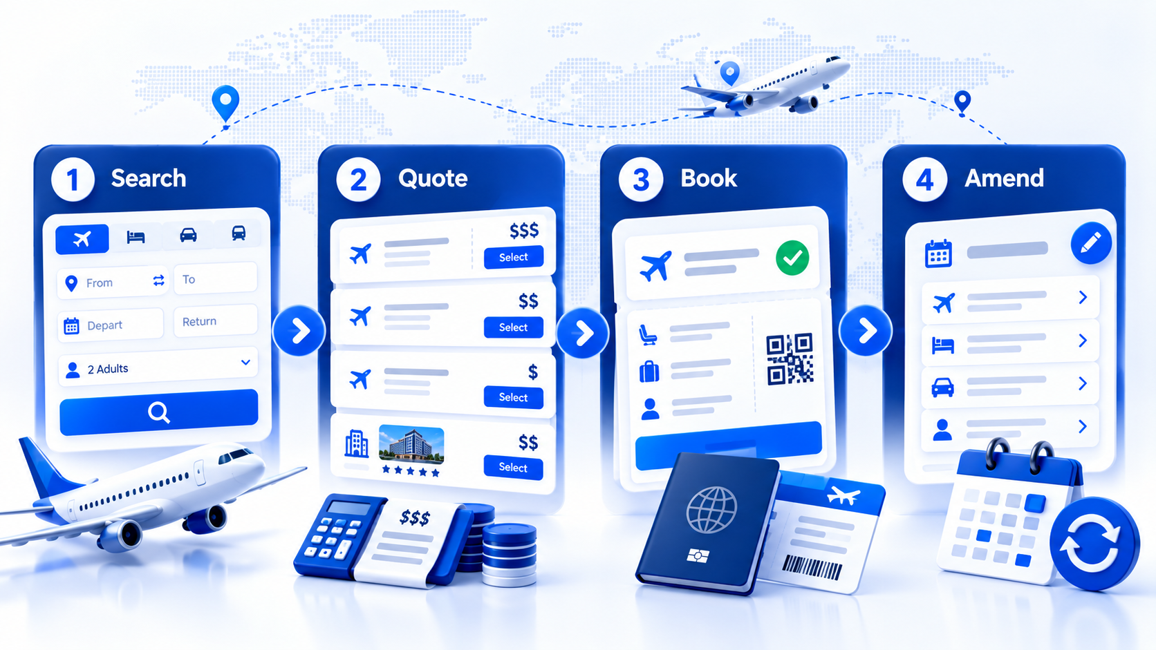 Agent portal workflow: search, quote, book, amend