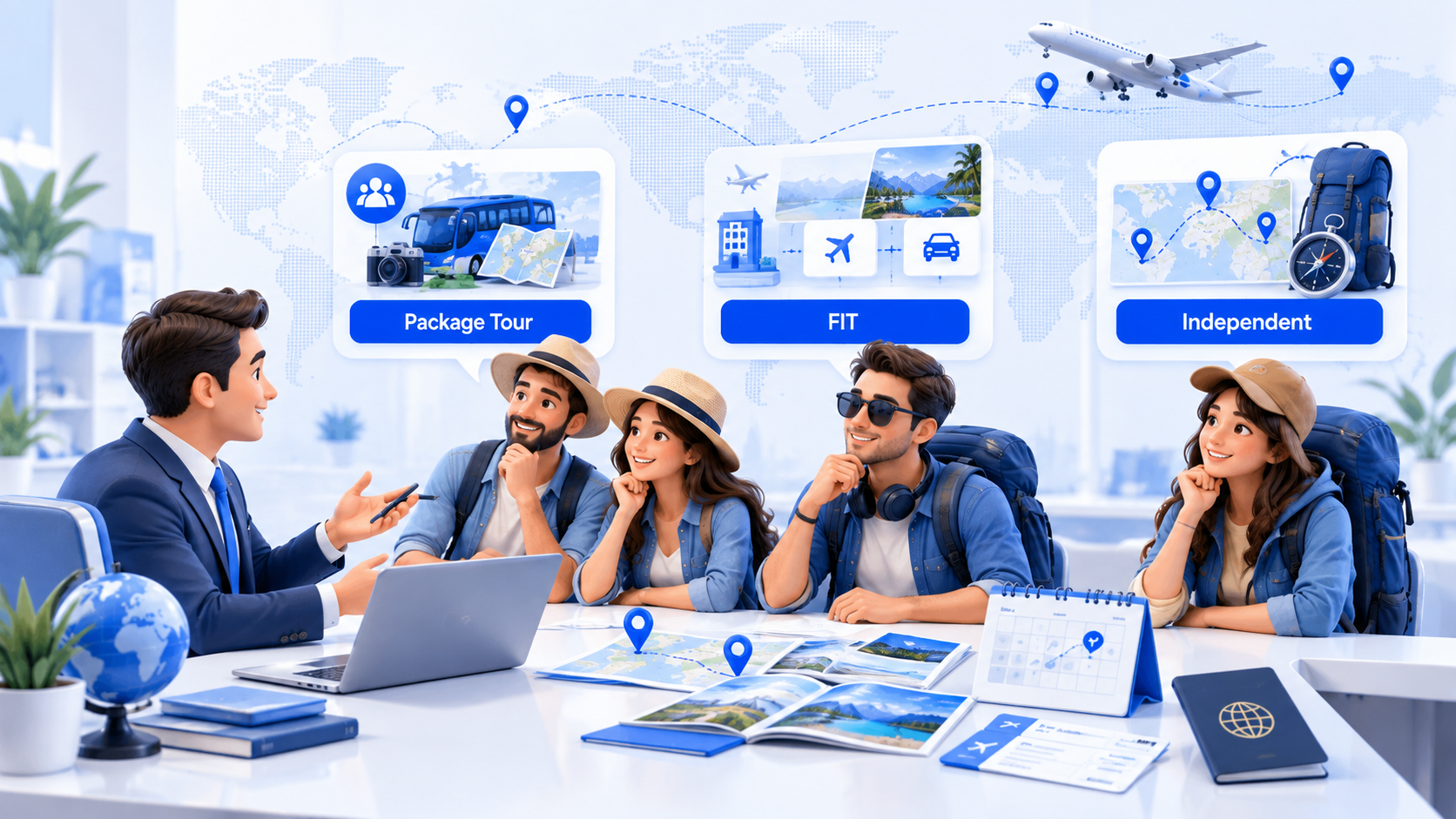 Agency desk matching three client types to package vs FIT trips