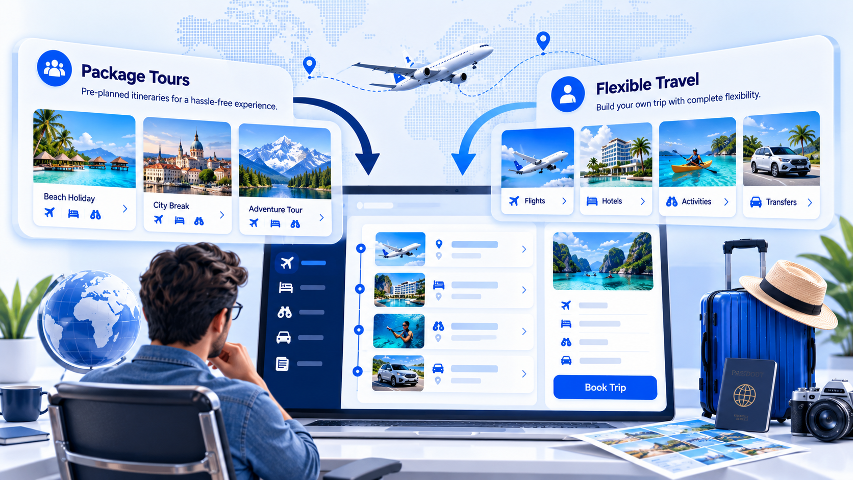 Abstract booking dashboard with packages vs flexible paths